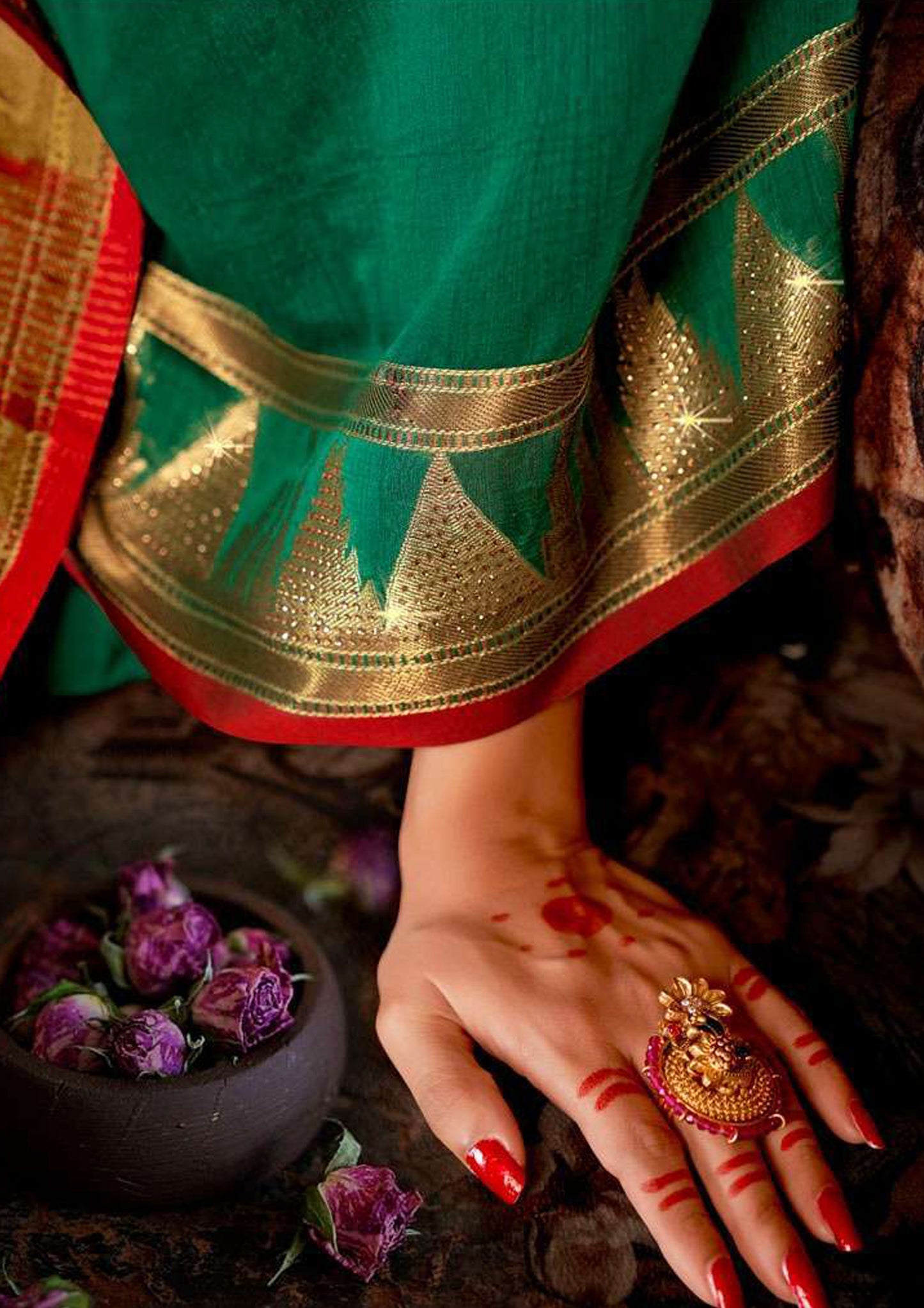 Maroon pure silk saree with green colored blouse (unstitched)