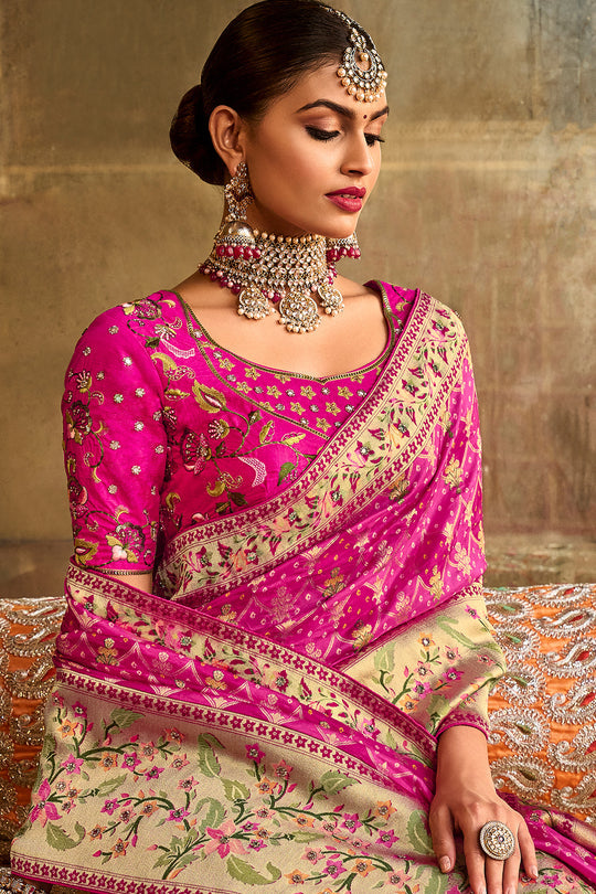 Pink pure silk saree with heavy aanchal pink golden border and pink printed blouse (Unstitched)