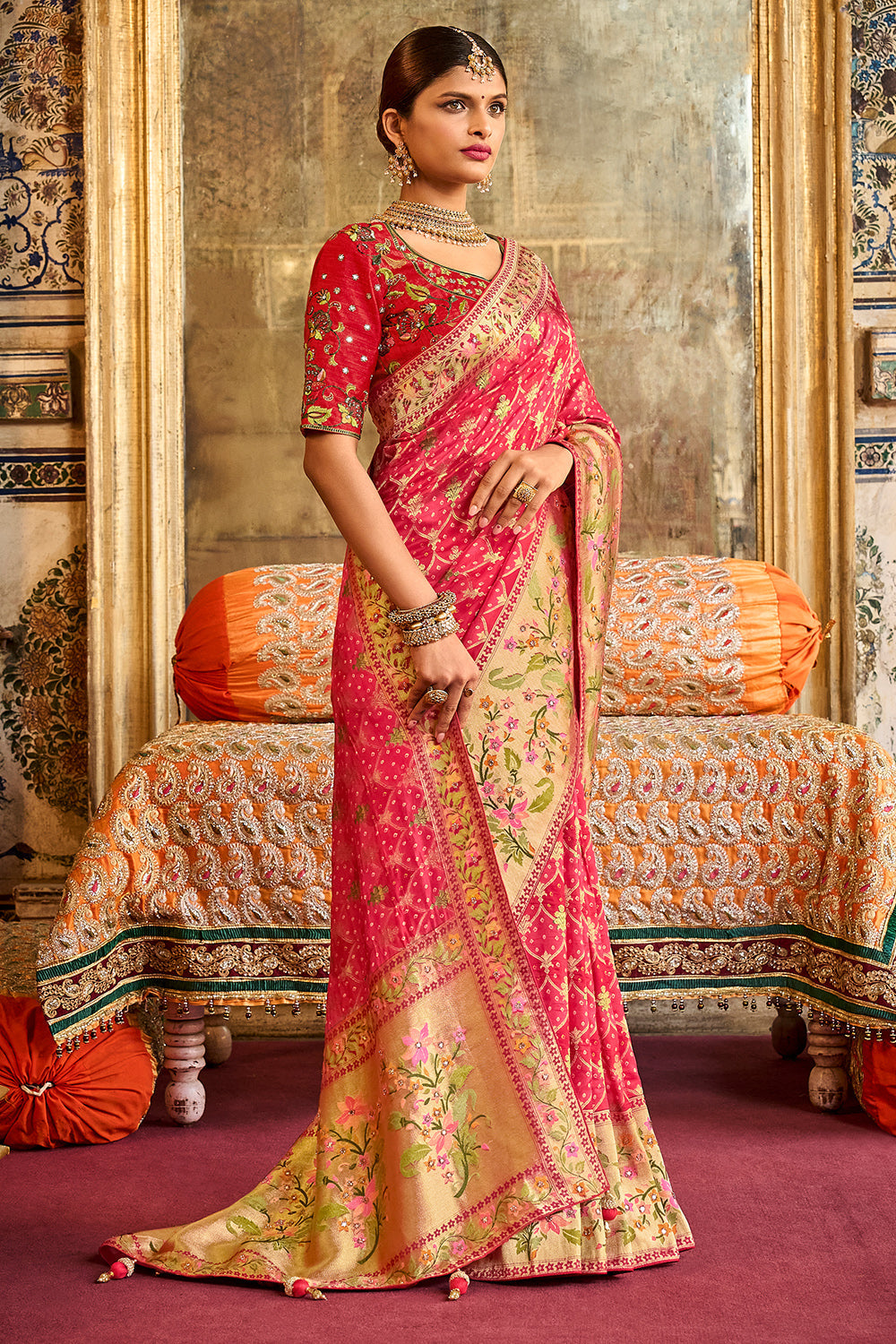 Pink pure silk saree with heavy aanchal golden border and printed blouse (Unstitched)