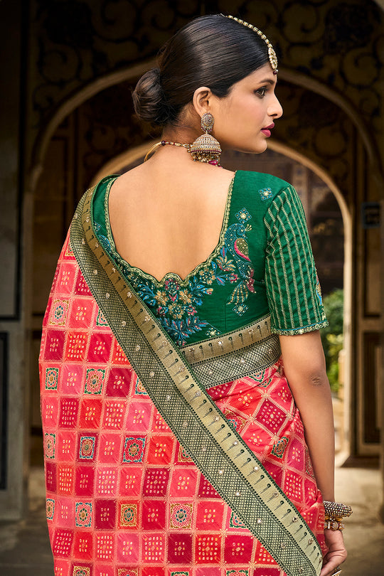 Red pure silk saree with heavy aanchal golden border and green printed blouse (Unstitched)