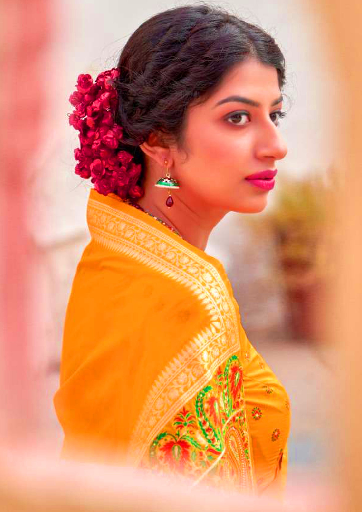 Orange pure silk saree with heavy aanchal printed golden border (unstitched)