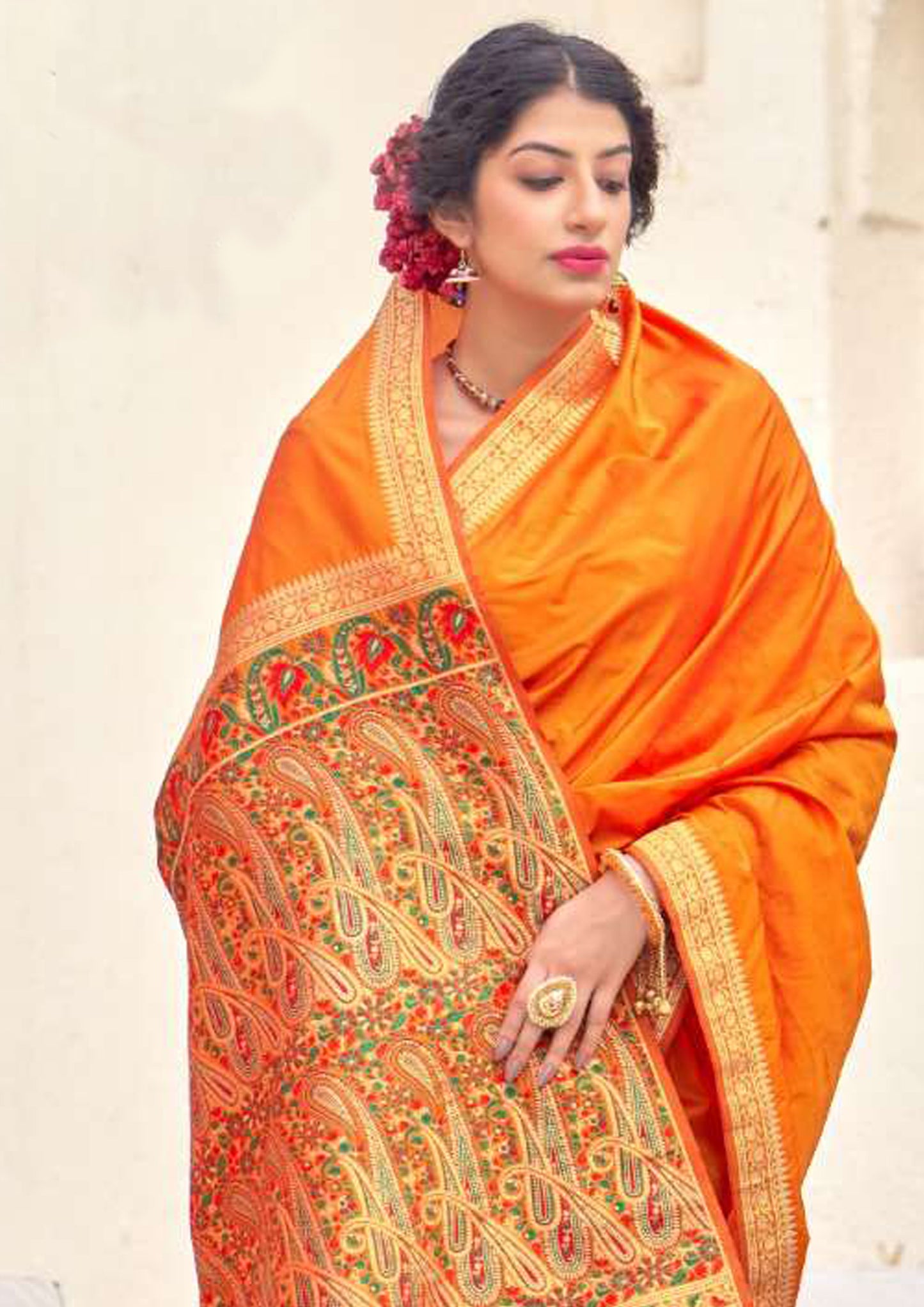 Orange pure silk saree with heavy aanchal printed golden border (unstitched)