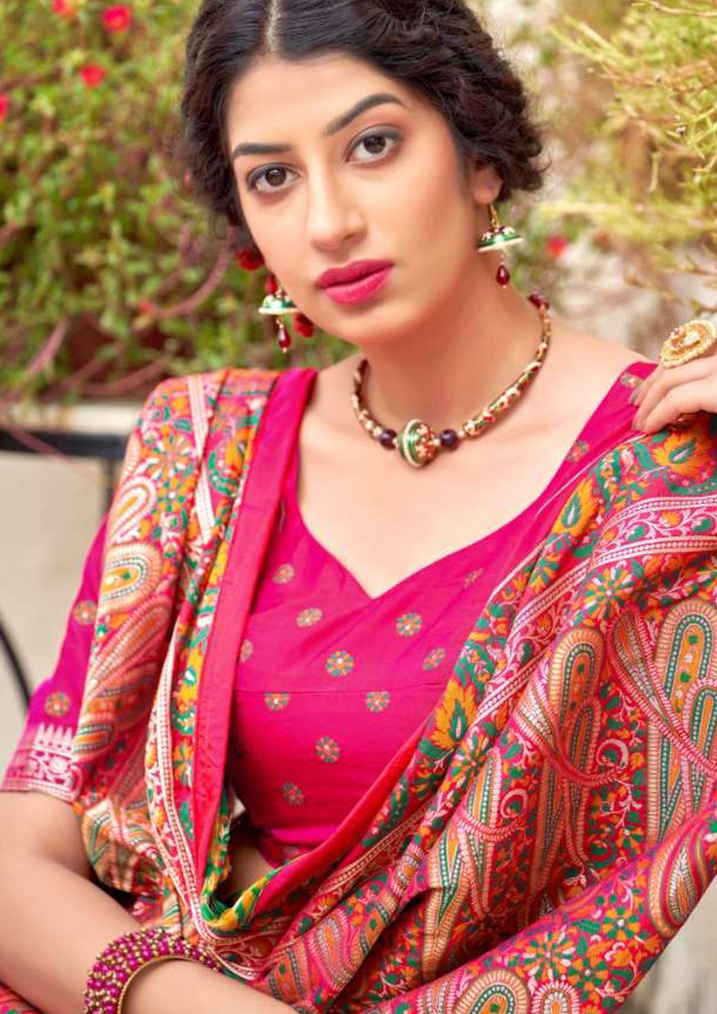 Rani Pink Pure Silk Saree with heavy printed aanchal (Unstitched)