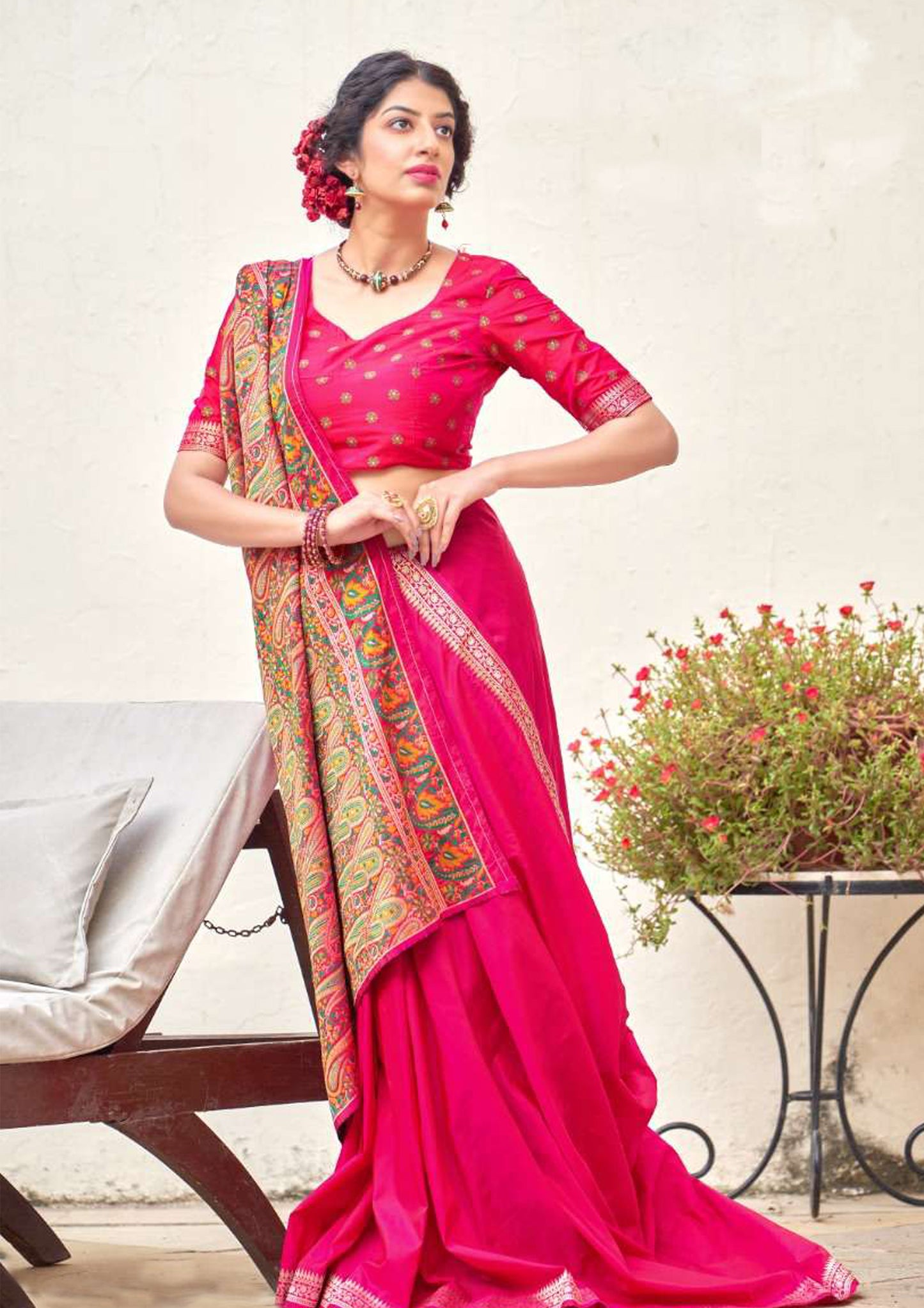 Rani Pink Pure Silk Saree with heavy printed aanchal (Unstitched)