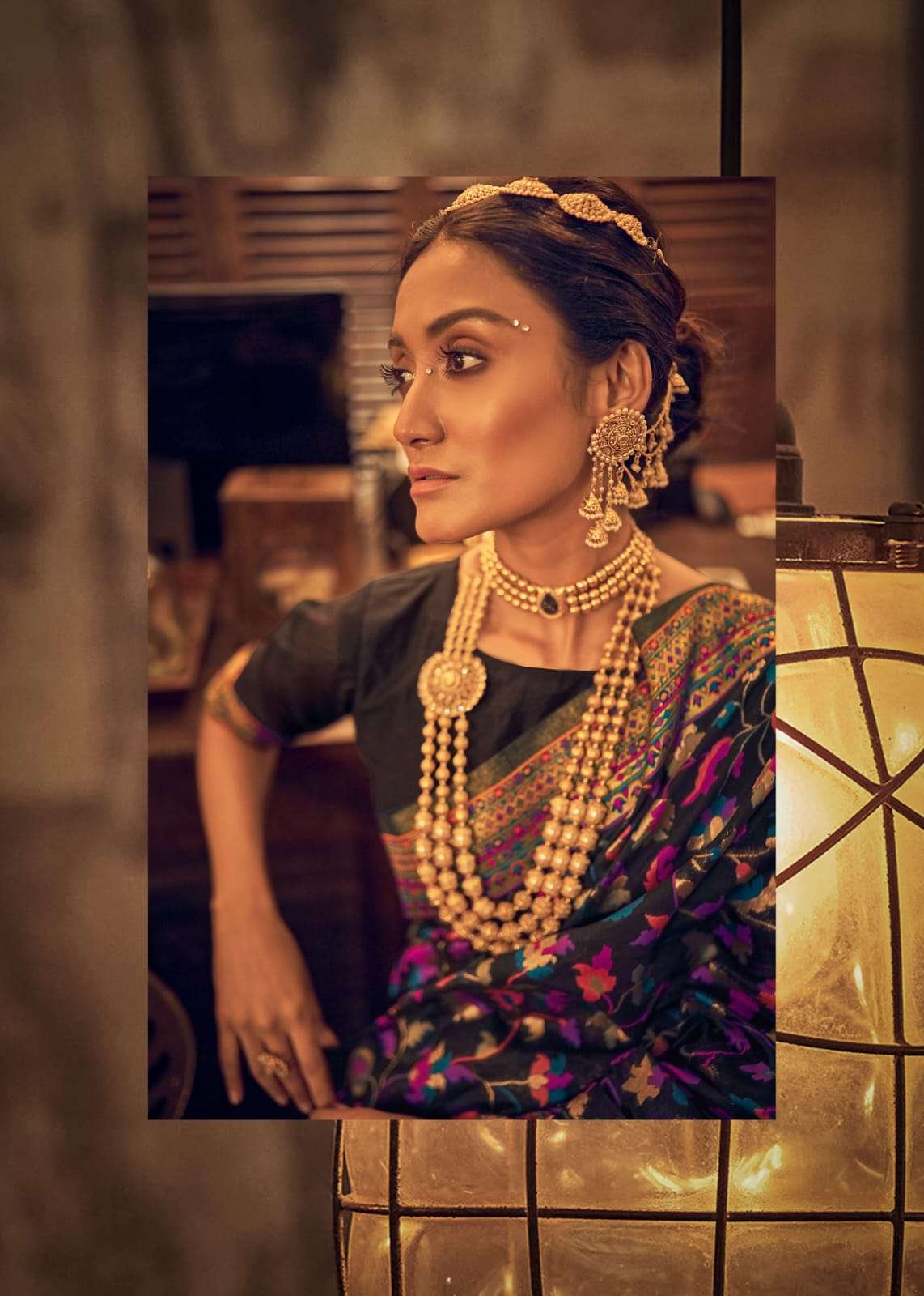 Purple pure silk saree with heavy aanchal golden border and printed blouse (Unstitched)