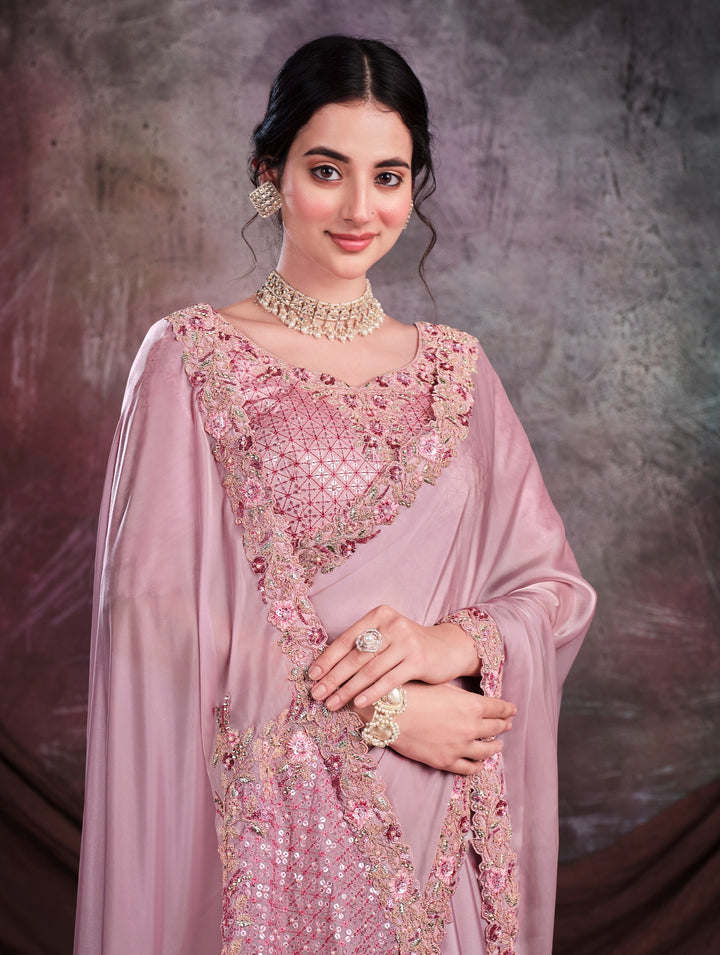 Baby Pink pure silk saree with heavy aanchal golden border and printed blouse (Unstitched)