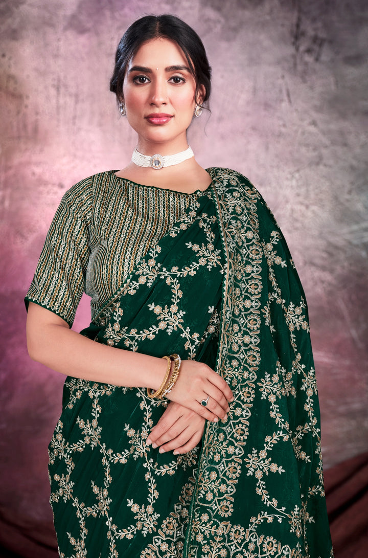 Bottle green pure silk saree with heavy aanchal golden border and printed blouse (Unstitched)