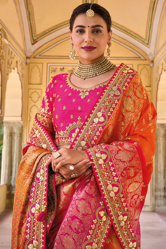 Pink pure silk saree with heavy aanchal golden border and printed blouse (Unstitched)
