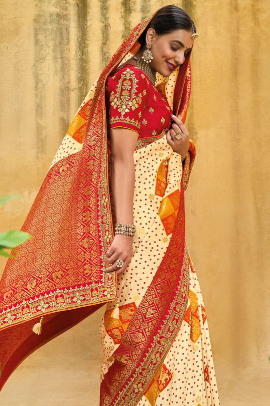 Red and Cream pure silk saree with heavy aanchal golden border and printed blouse (Unstitched)