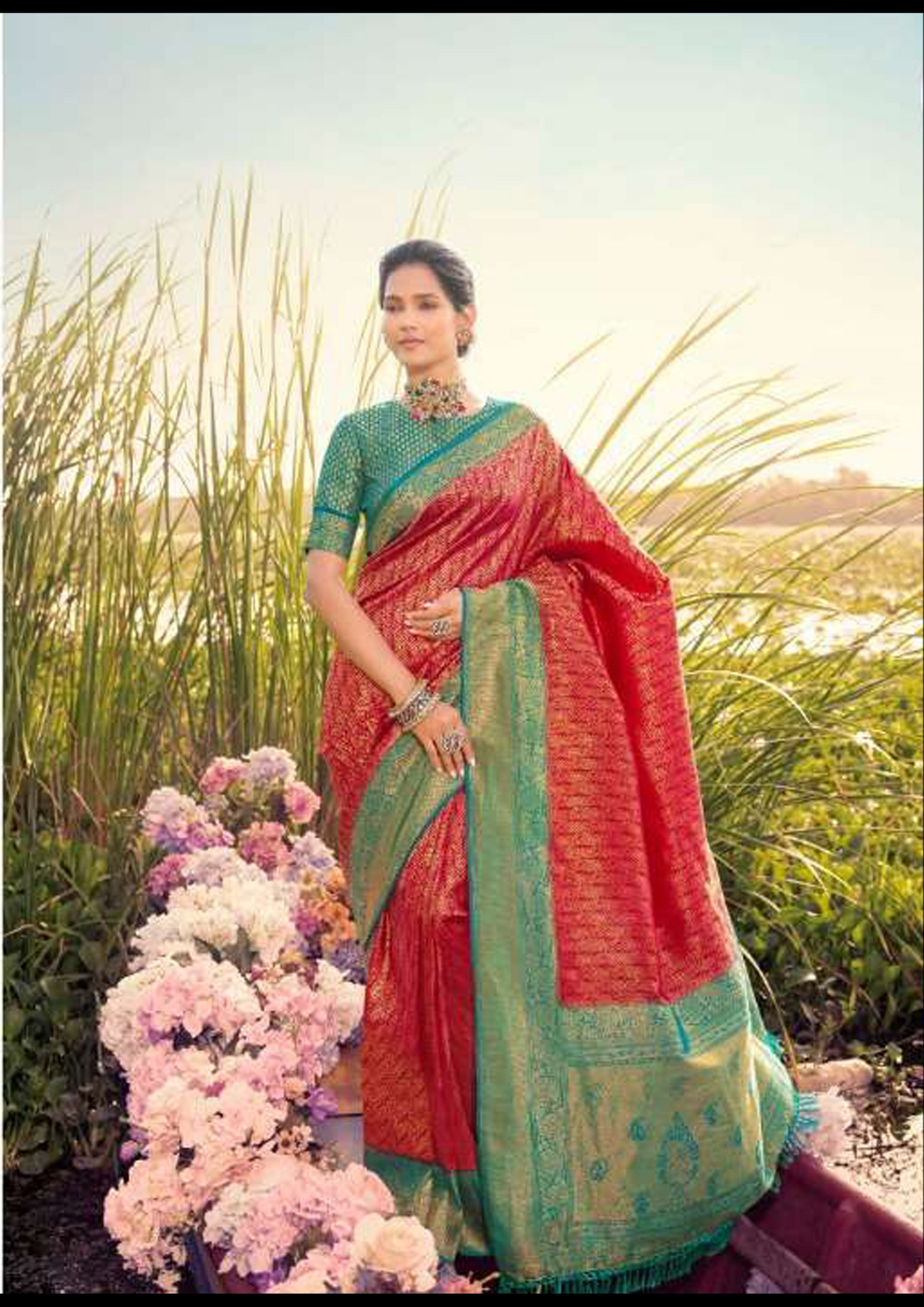 Tart Red Pure Silk Saree With Dark Cyan Blouse And Border (Unstitched)