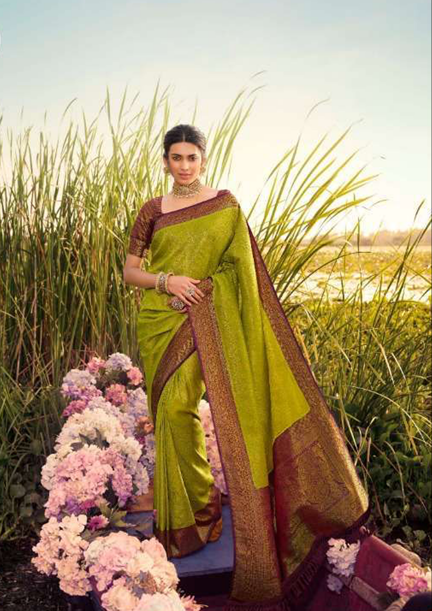 Yellow Green Pure Silk Saree With Mulberry Border And Blouse (Unstitched)