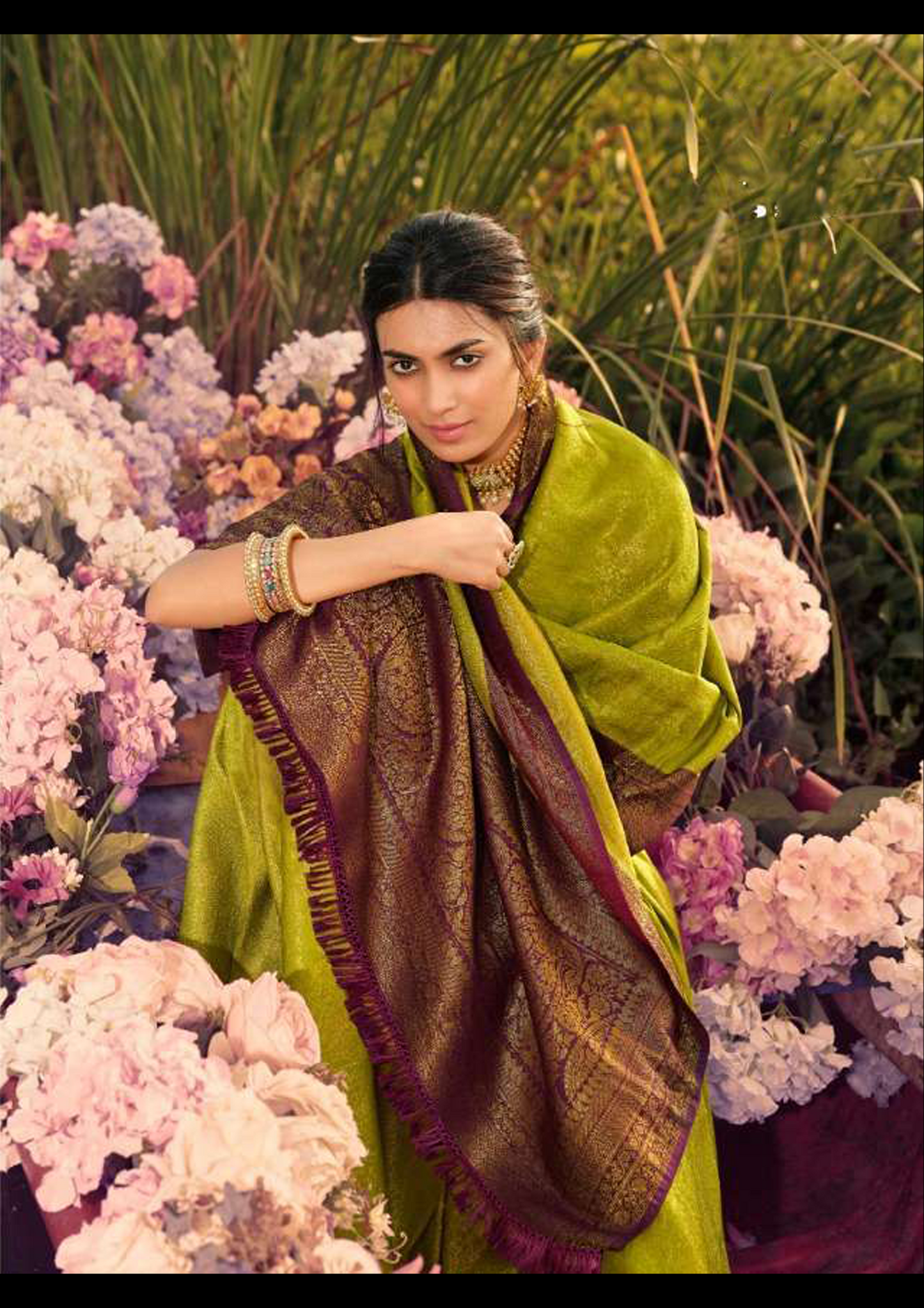 Yellow Green Pure Silk Saree With Mulberry Border And Blouse (Unstitched)