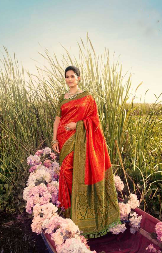 Red Pure Silk Saree With Green Blouse And Border (Unstitched)