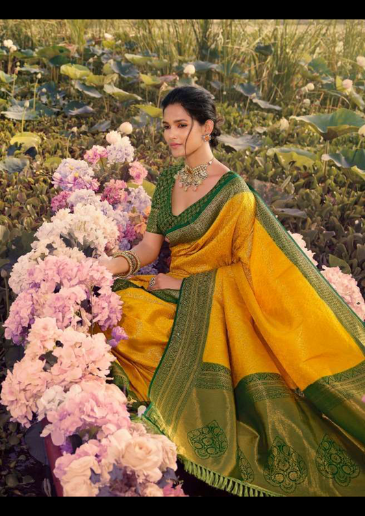 Yellow Pure Silk Saree With Bottle Green Blouse (Unstitched)