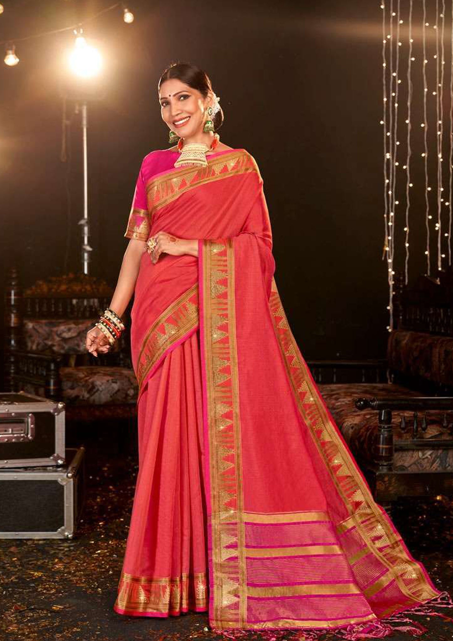 Red pure silk saree with golden border and pink colored blouse (unstitched)