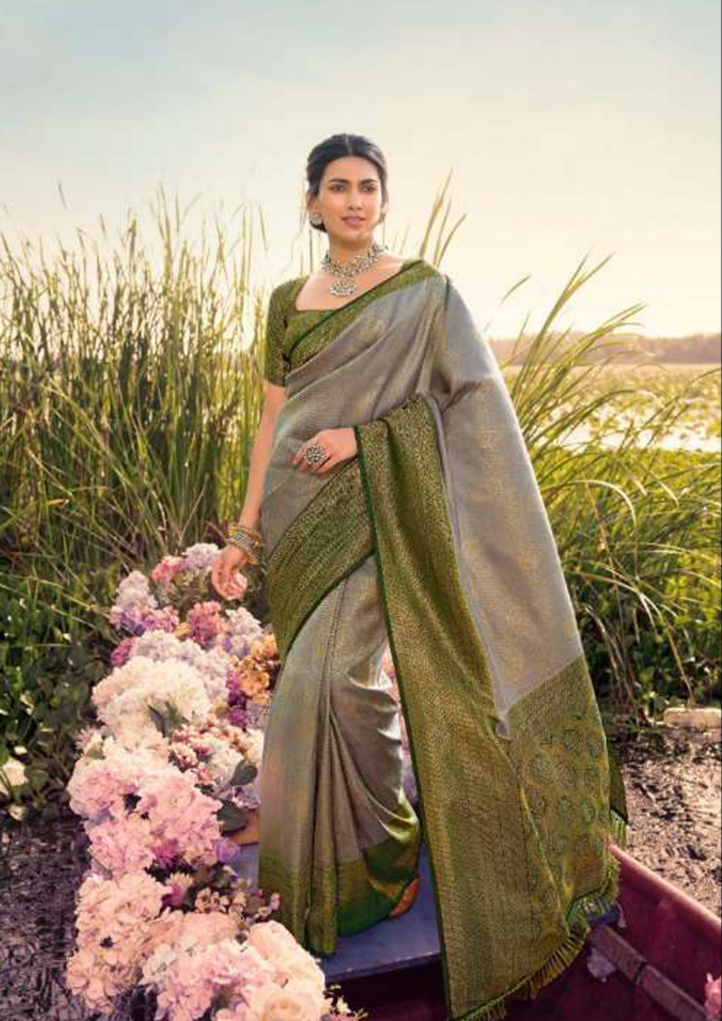 Grey Pure Silk Saree With Olive Green Blouse (Unstitched)