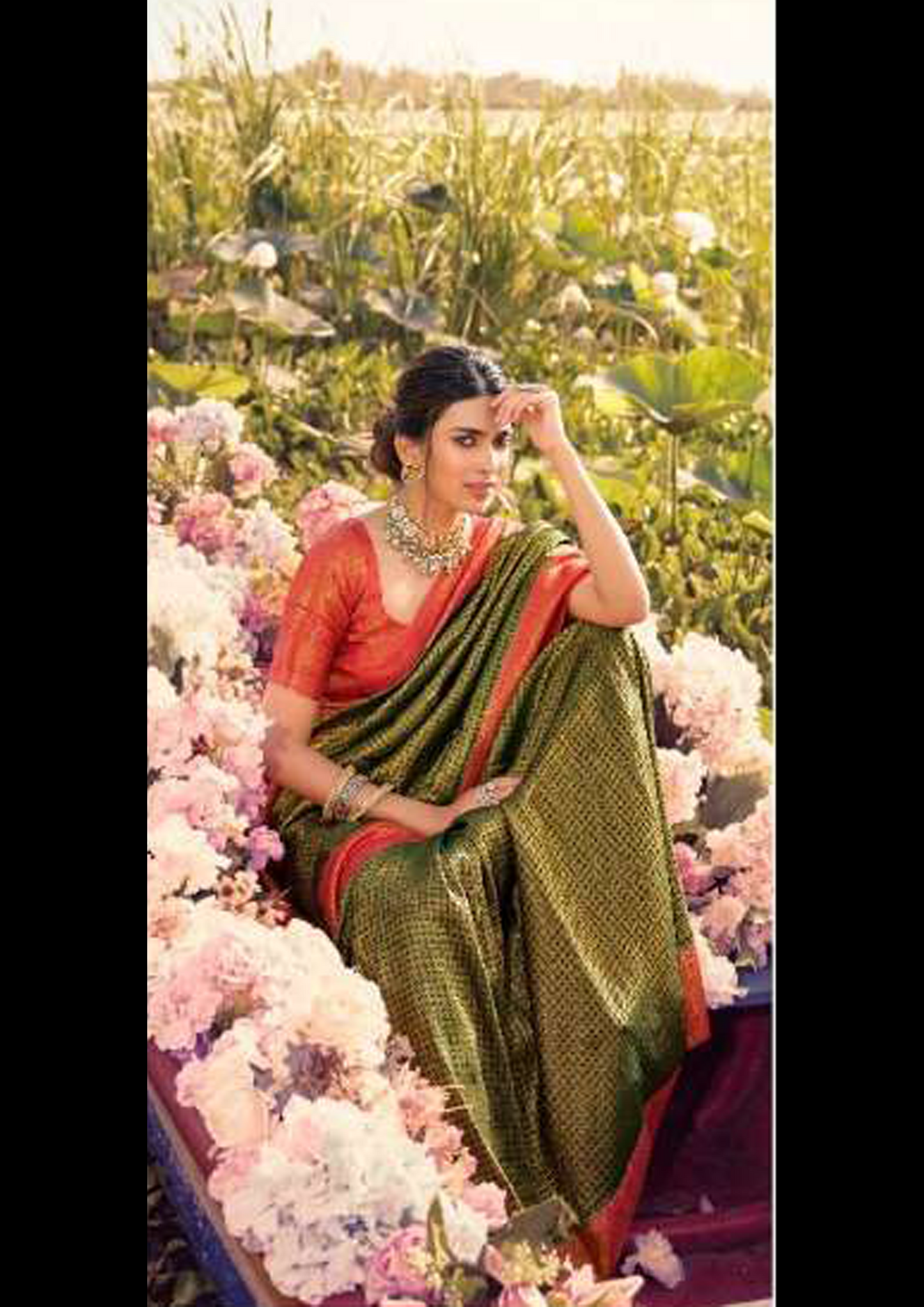 Olive Green Pure Silk Saree With Pink Blouse (Unstitched)