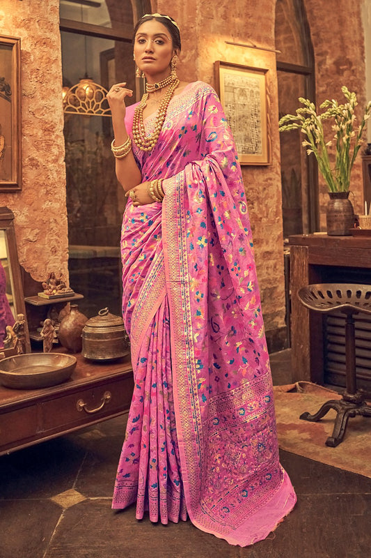 Pink pure silk saree with heavy aanchal golden border and printed blouse (Unstitched)