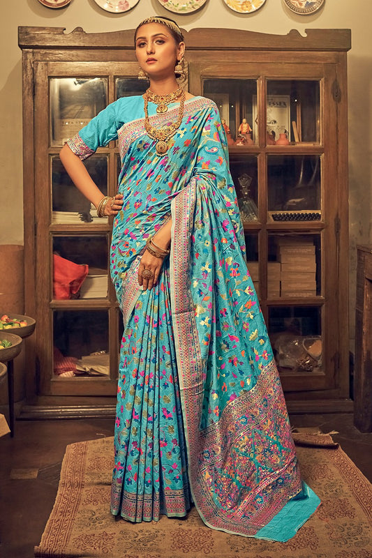 Blue pure silk saree with heavy aanchal golden border and printed blouse (Unstitched)