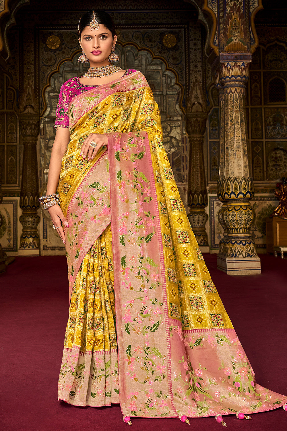 Yellow pure silk saree with heavy aanchal pink golden border and pink printed blouse (Unstitched)