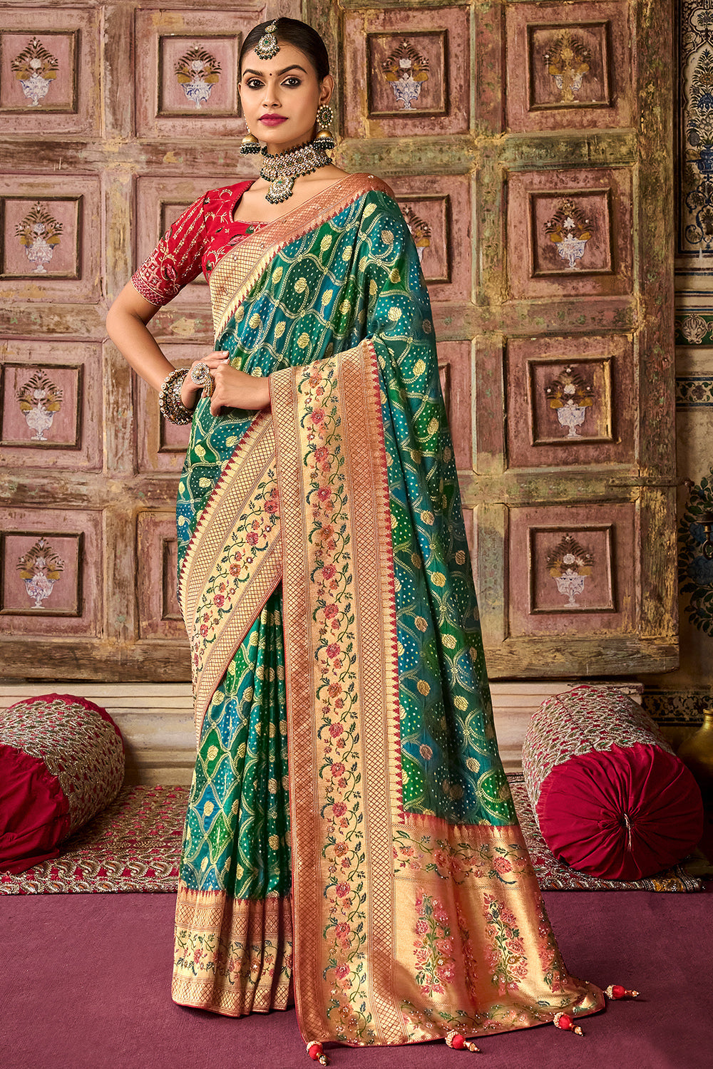 Green pure silk saree with heavy aanchal golden border and red printed blouse (Unstitched)