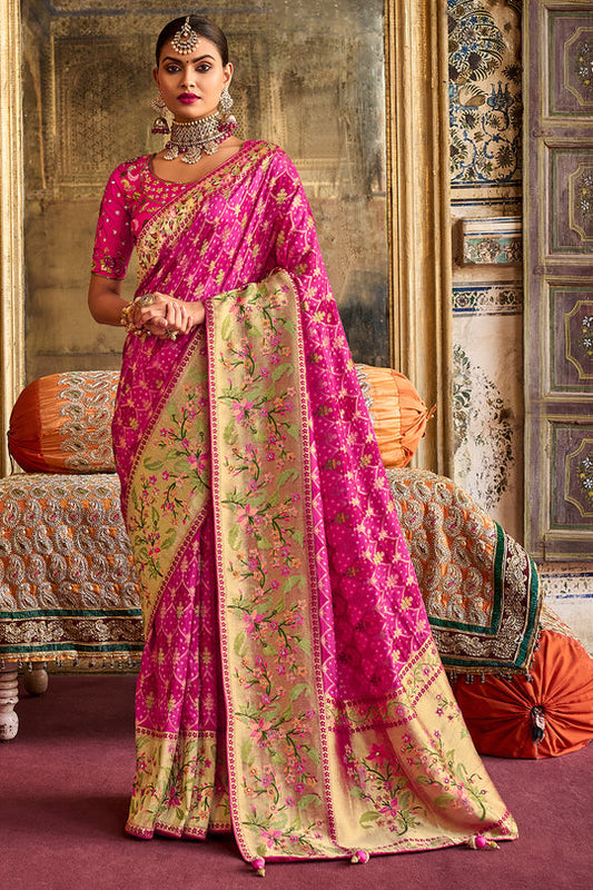 Pink pure silk saree with heavy aanchal pink golden border and pink printed blouse (Unstitched)