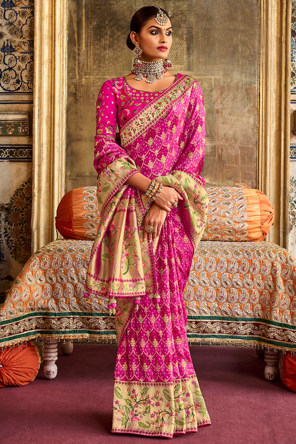 Pink pure silk saree with heavy aanchal pink golden border and pink printed blouse (Unstitched)