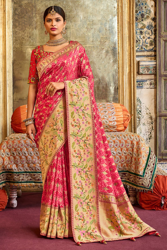 Pink pure silk saree with heavy aanchal  golden border and  printed blouse (Unstitched)