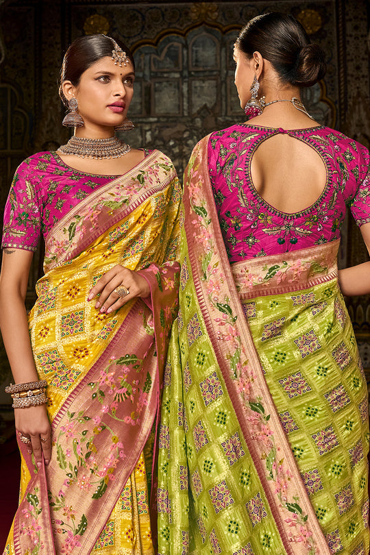 Green pure silk saree with heavy aanchal pink golden border and pink printed blouse (Unstitched)