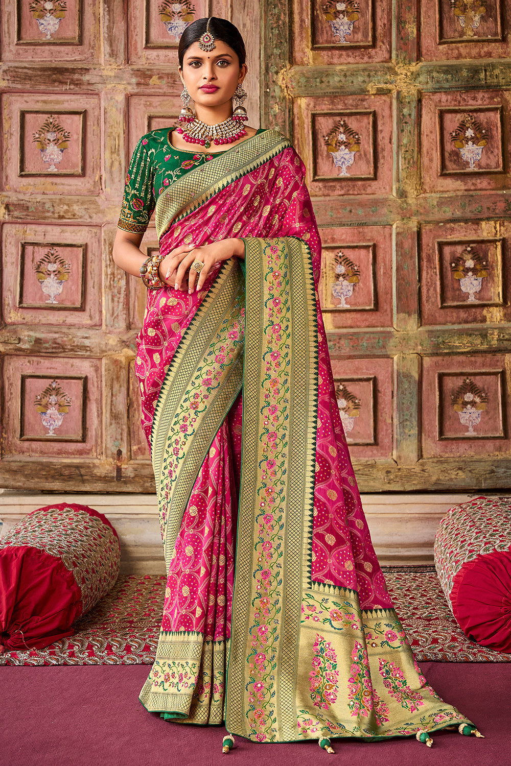 Pink pure silk saree with heavy aanchal golden border and green printed blouse (Unstitched)