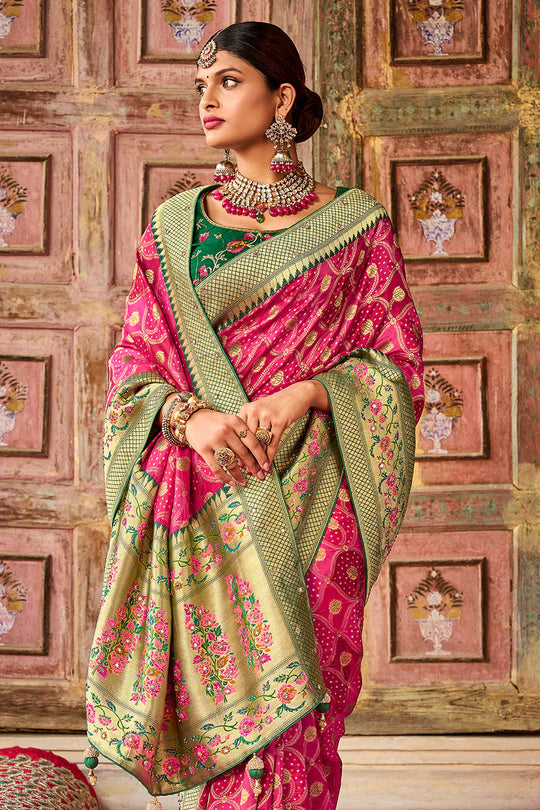 Pink pure silk saree with heavy aanchal golden border and green printed blouse (Unstitched)