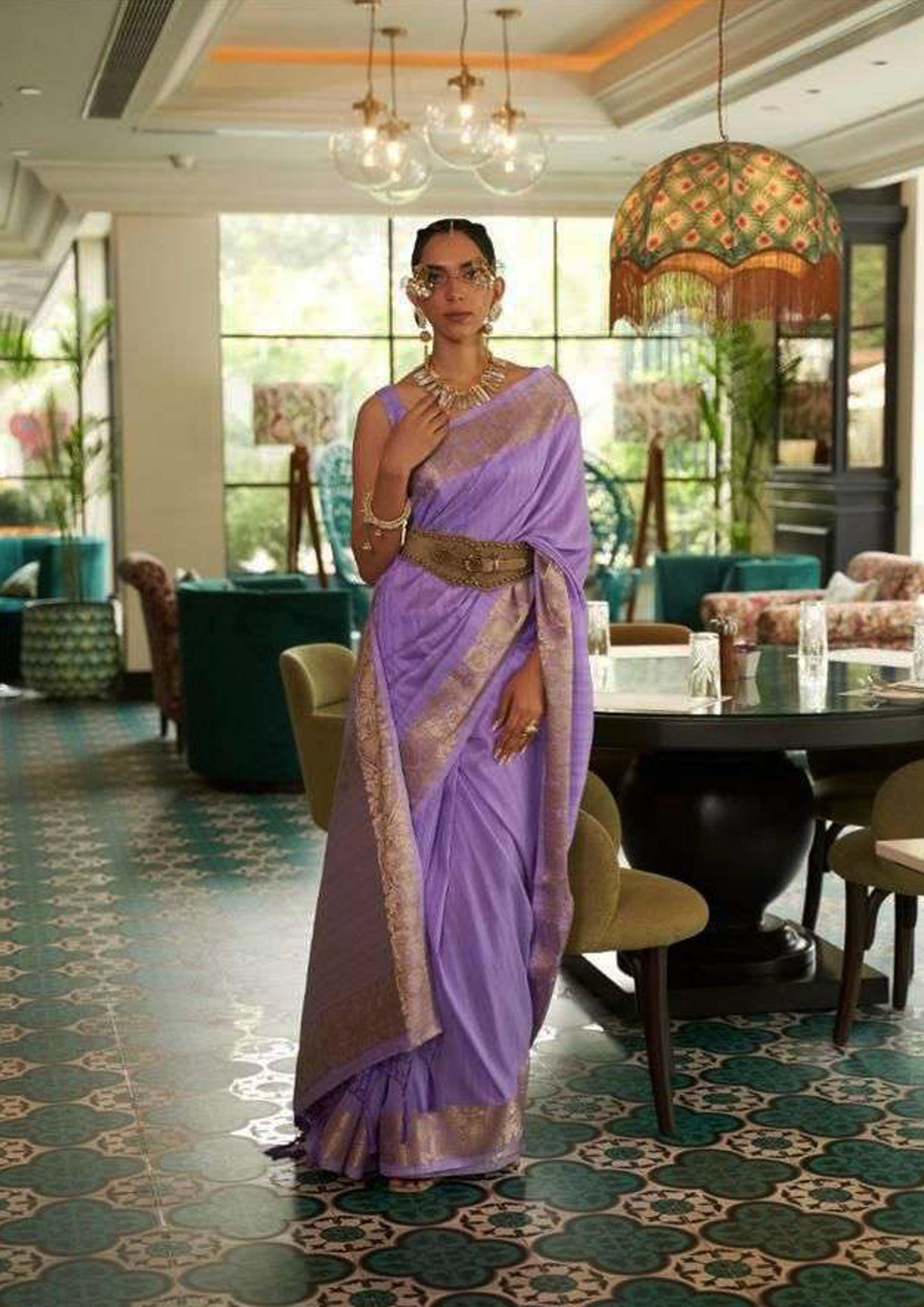 Lavender pure silk saree with designer border and purple colored blouse (Unstitched)