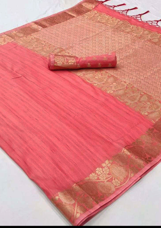 Pink pure silk saree with golden border and pink colored blouse (Unstitched)