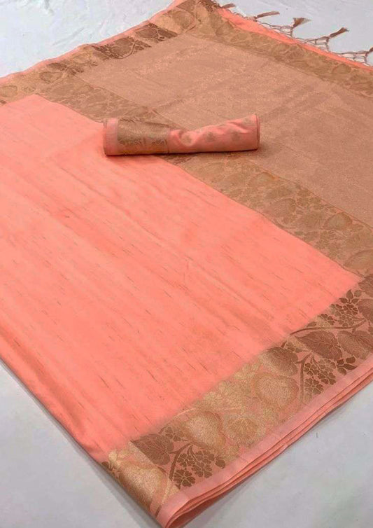 Peach pure silk saree with Golden Border and Blouse (Unstitched)