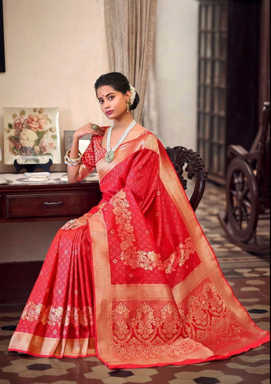 Red Pure Silk Saree With Red Blouse And Border (Unstitched)