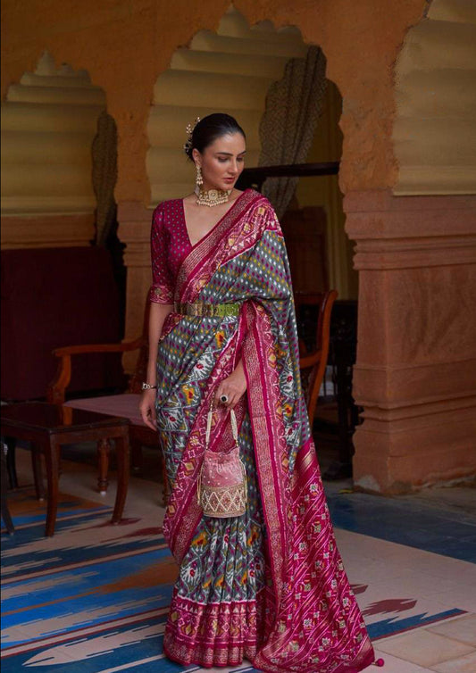 Grey and Pink Patola Pure Silk Saree With Pink Blouse And Border (Unstitched)