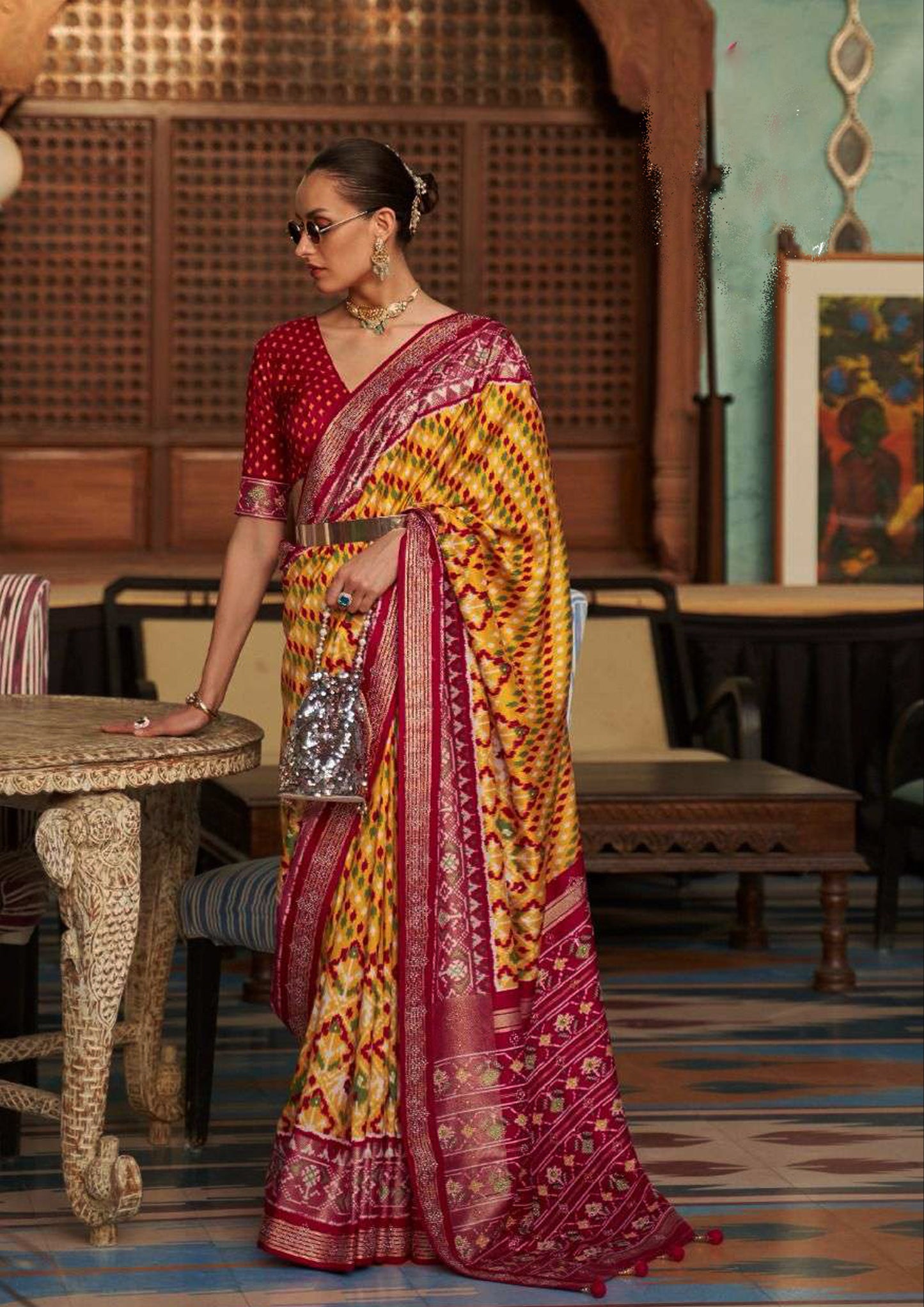 Yellow and Red Patola Pure Silk Saree With Red Blouse And Border (Unstitched)