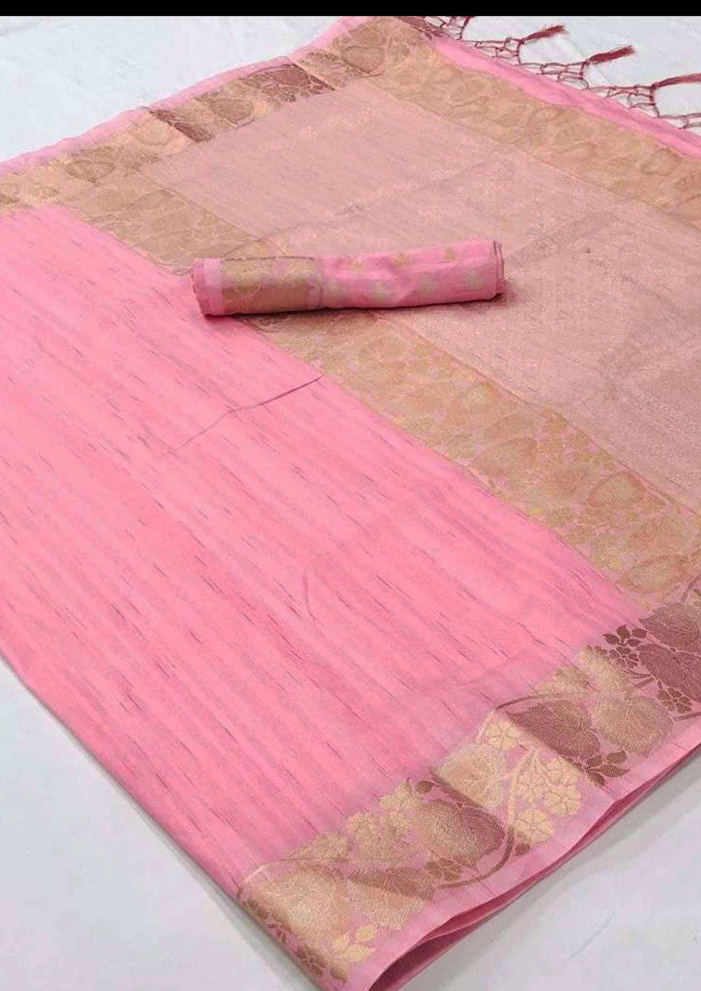 Pink pure silk saree with Golden Border and Blouse (Unstitched)