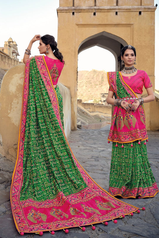 Green pure silk saree with heavy aanchal pink golden border and printed blouse (Unstitched)