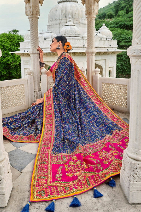 Midnight Blue Banarasi pure silk saree with heavy aanchal Pink border and printed blouse (Unstitched)