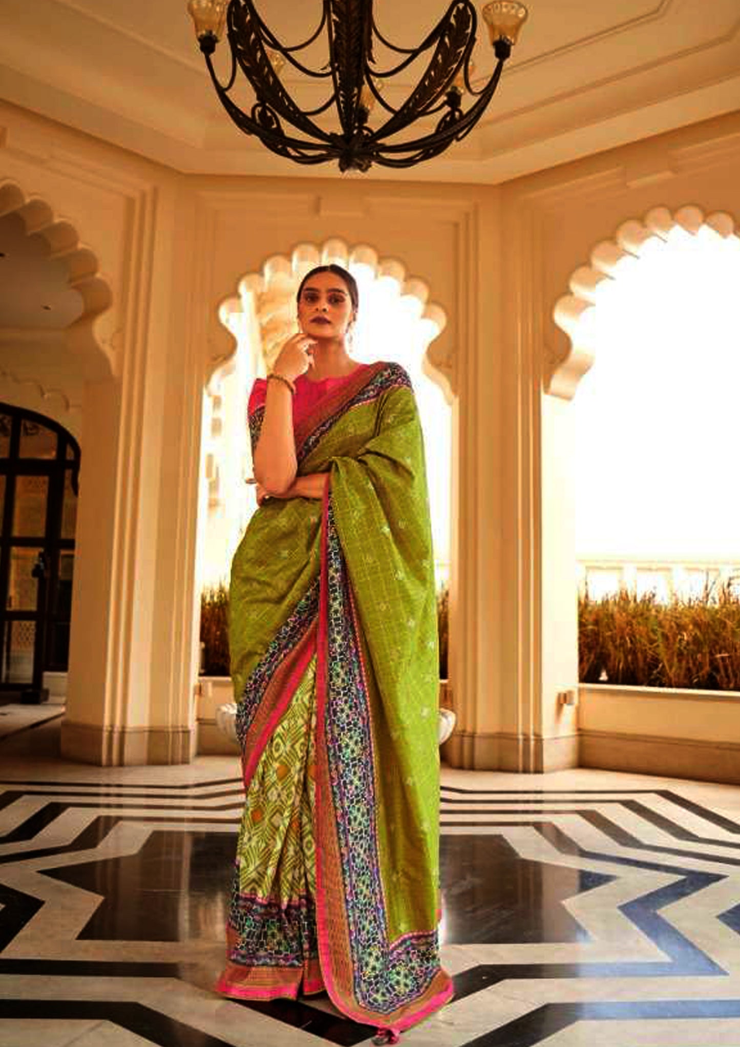 Green Pure Silk Saree with Rani color Blouse and printed border (Unstitched)