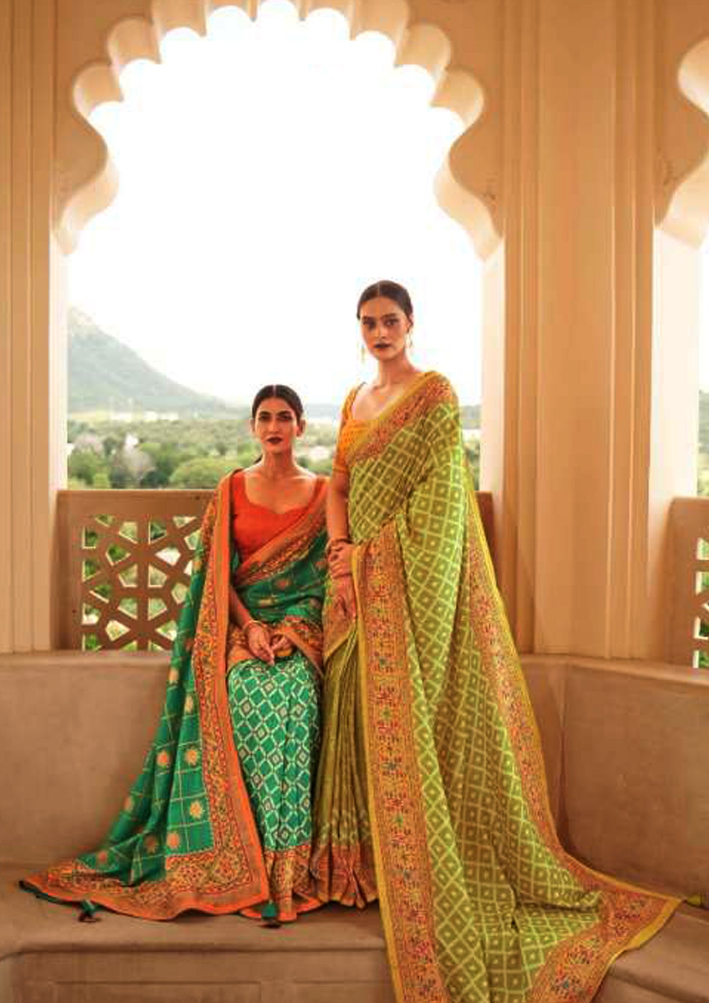 Green pure silk saree with yelllow designer border and blouse (Unstitched)