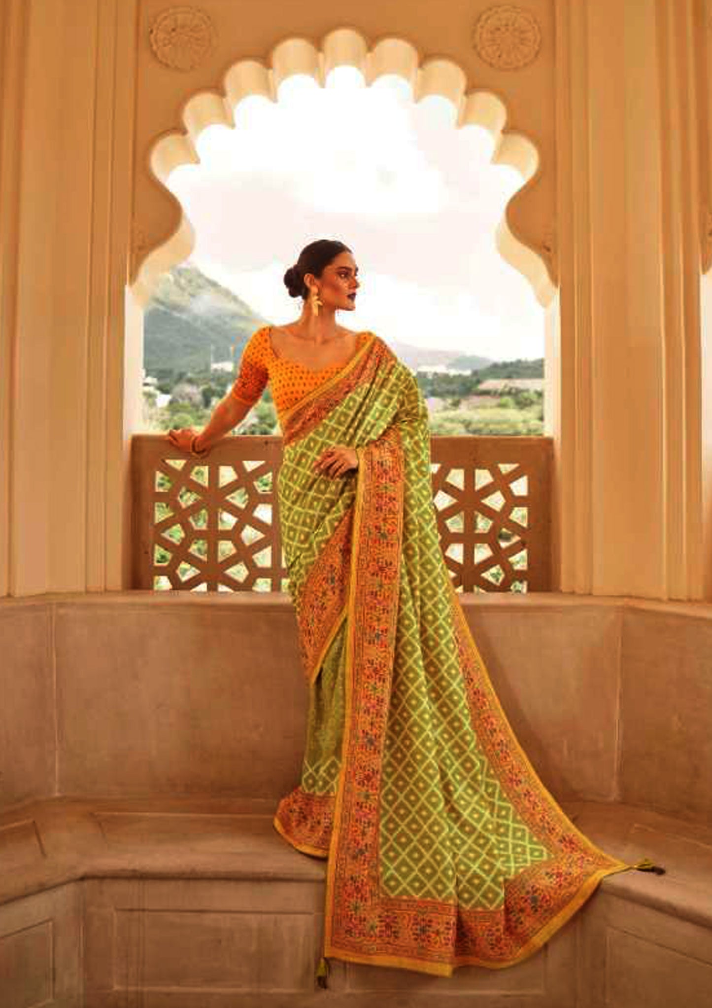 Green pure silk saree with yelllow designer border and blouse (Unstitched)