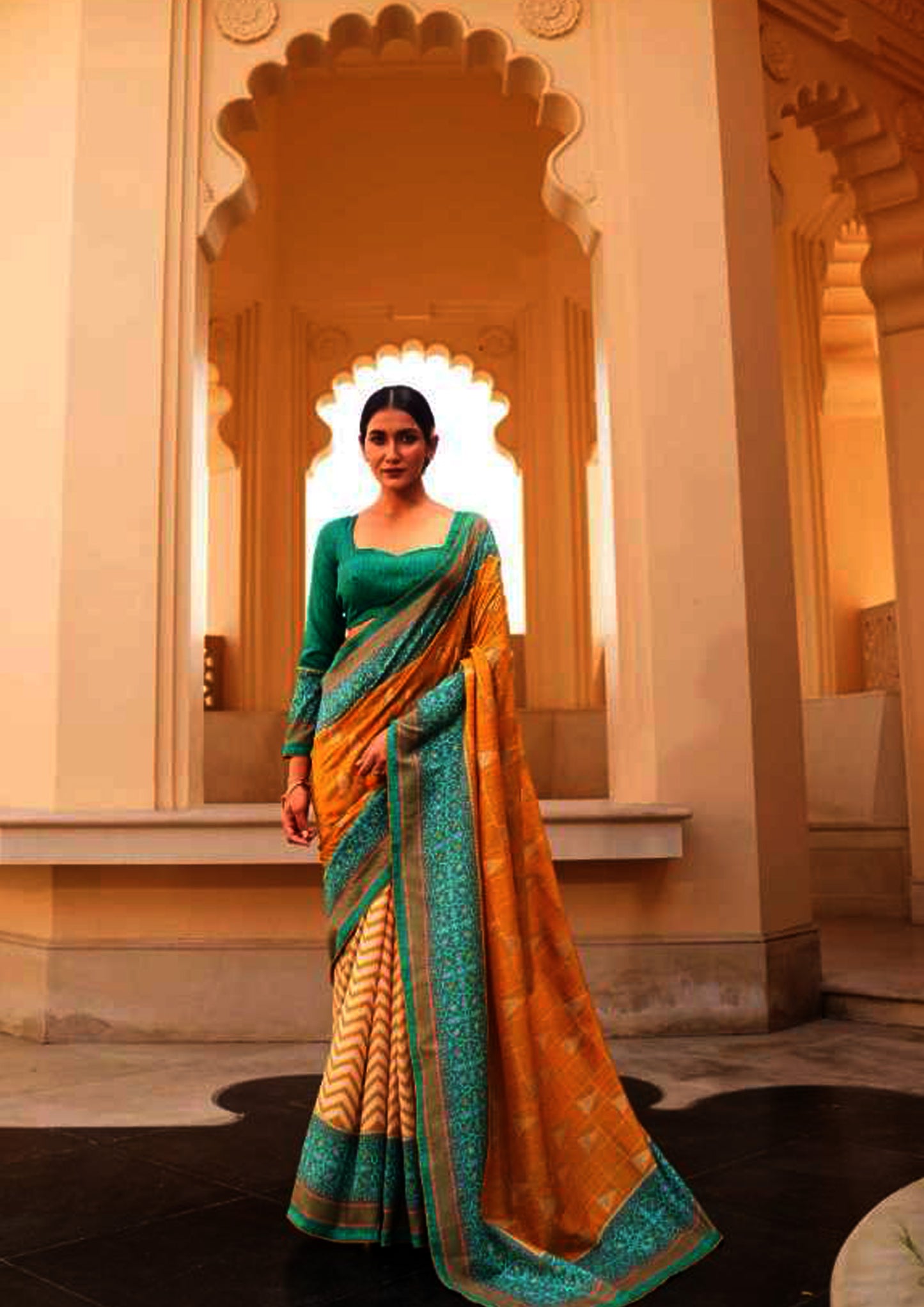 Mustard Pure Silk Saree With Bottle Green Border And Blouse (Unstitched)