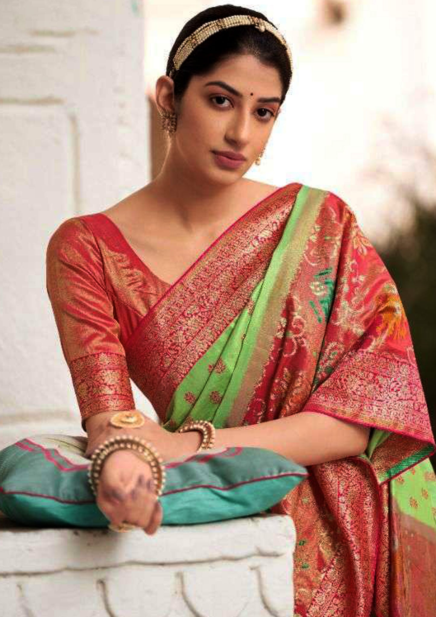 Green pure silk saree with red border and blouse (Unstitched)