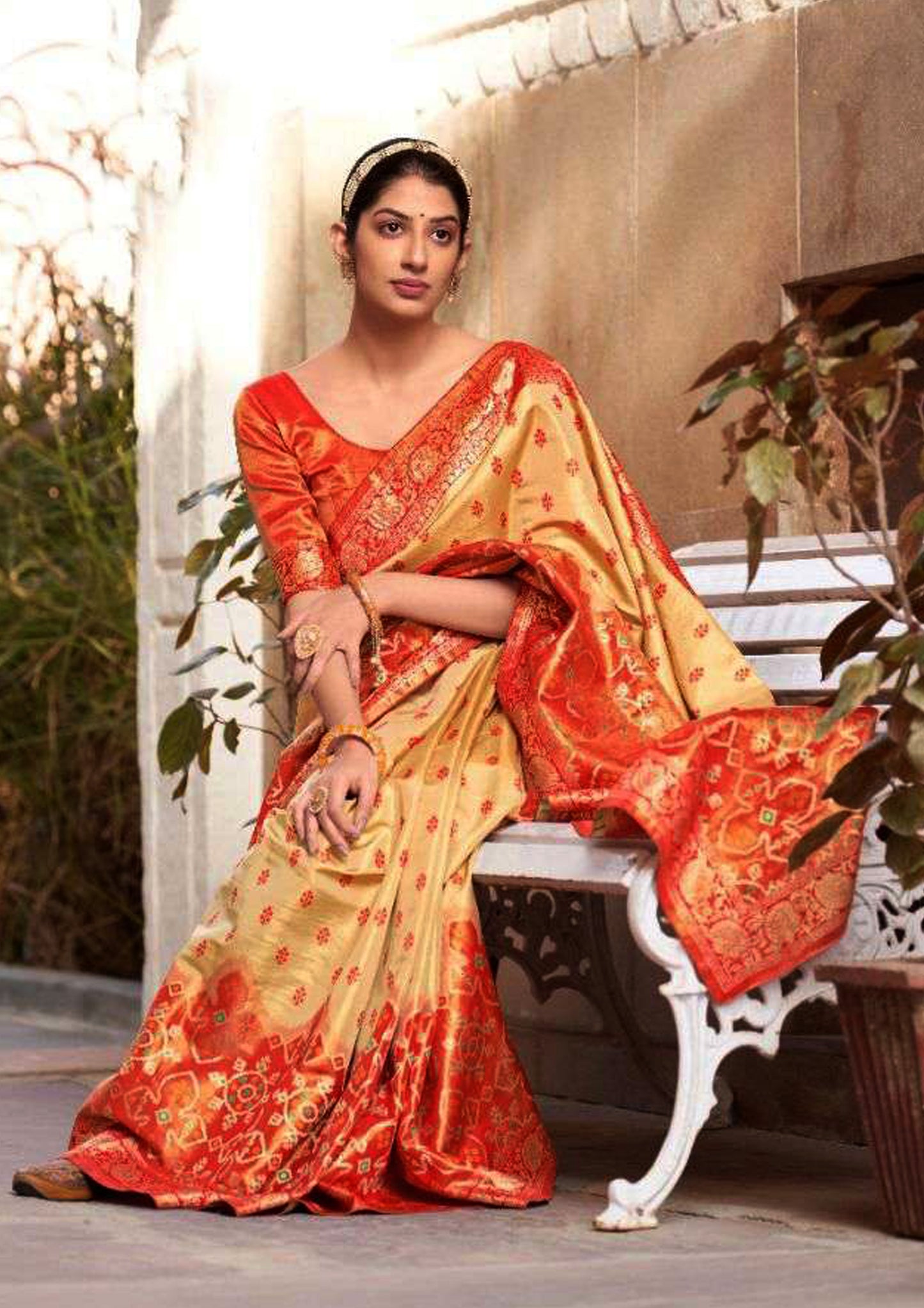 Royal Golden pure silk saree with red border and blouse (unstitched)