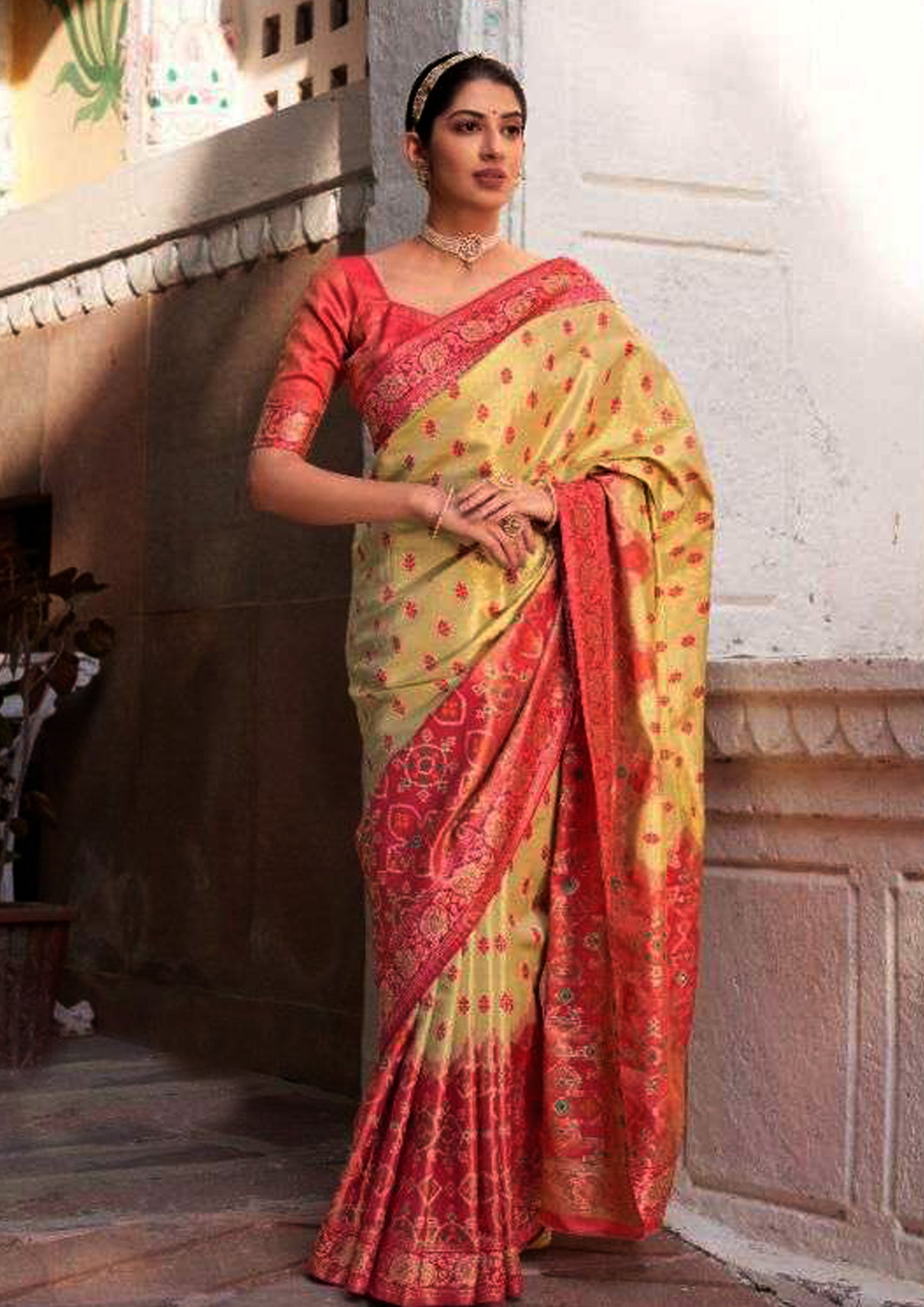 Royal Golden pure silk saree with red border and blouse (unstitched)