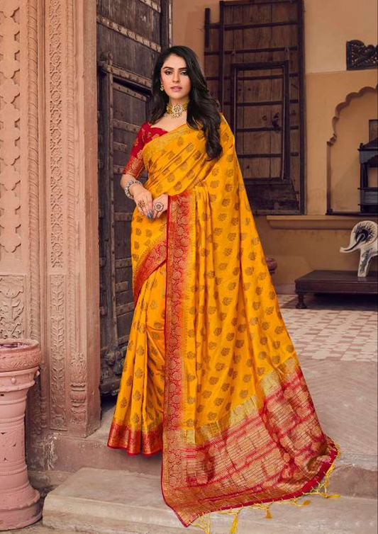 Yellow Pure Silk Saree With Red Blouse (Unstitched)