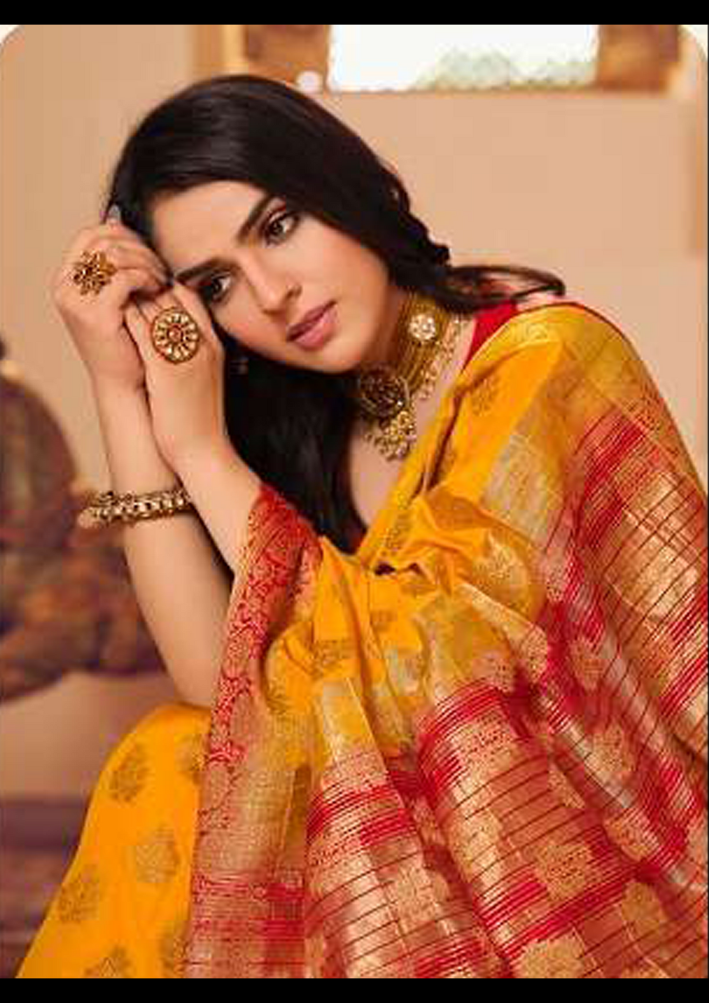 Yellow Pure Silk Saree With Red Blouse (Unstitched)