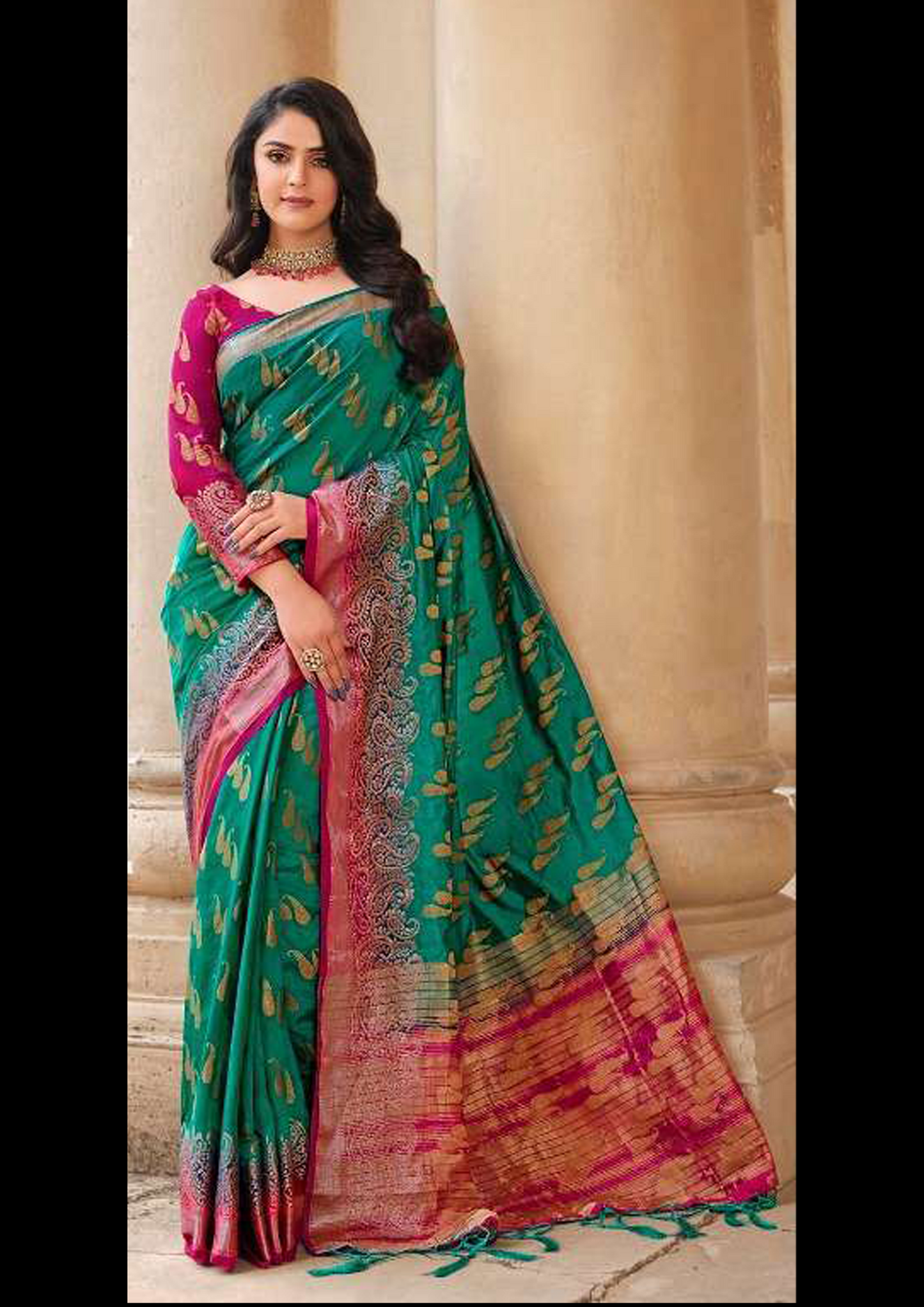 Green Pure Silk Saree With Rani Pink Blouse And Border (Unstitched)